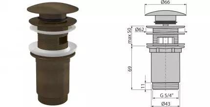 Донный клапан для раковины «AlcaPlast» A392 с механизмом Клик-Клак антик