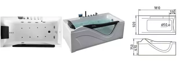 Гидромассажная ванна акриловая «Gemy» G9055 K 181/92 с каркасом с сифоном белая правая