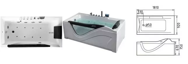 Гидромассажная ванна акриловая «Gemy» G9055 K 181/92 с каркасом с сифоном белая левая