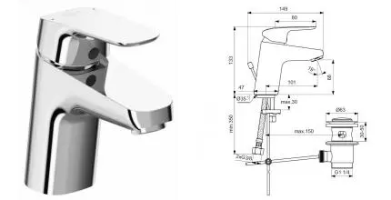 Смеситель для раковины «Ideal Standard» Ceraflex B1708AA с донным клапаном хром