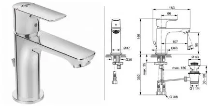 Смеситель для раковины «Ideal Standard» Connect Air A7007AA с донным клапаном хром
