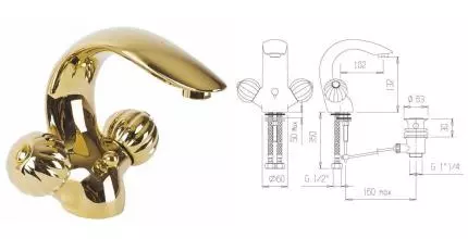 Смеситель для раковины «Cezares» ROYAL PALACE-LS1-03/24-MS с донным клапаном золото
