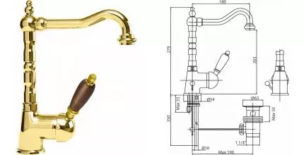 Смеситель для раковины «Cezares» ELITE-LSM2-03/24-Nc с донным клапаном золото