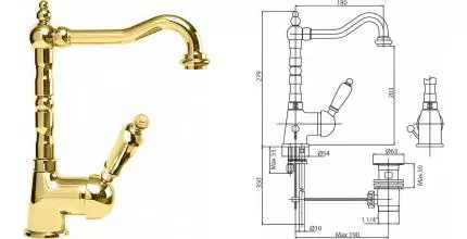 Смеситель для раковины «Cezares» ELITE-LSM2-03/24-M с донным клапаном золото