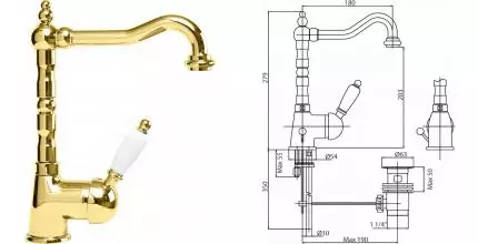 Смеситель для раковины «Cezares» ELITE-LSM2-03/24-Bi с донным клапаном золото