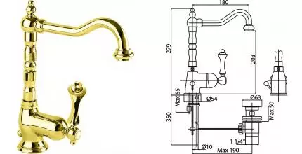 Смеситель для раковины «Cezares» MARGOT-LSM2-03/24-M с донным клапаном золото