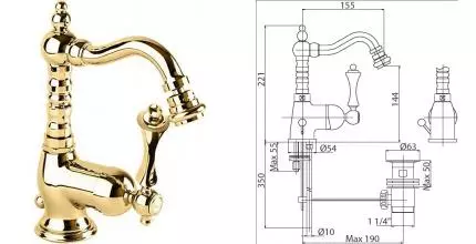 Смеситель для биде «Cezares» MARGOT-BSM2-03/24-M с донным клапаном золото