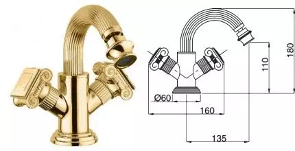 Смеситель для биде «Cezares» OLIMP-BS2-03/24-O с донным клапаном золото