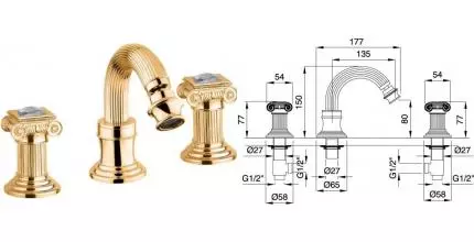 Смеситель для биде «Cezares» OLIMP-BBS2-03/24-Sw с донным клапаном золото
