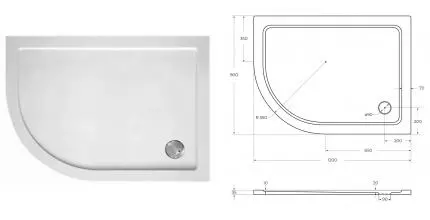 Душевой поддон «Cezares» TRAY-M-RH-120/90-550-35-W-R 120/90 низкий стеклопластик прямоугольно-асимметричный без сифона белый правый