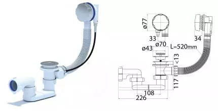 Сифон для ванны слив-перелив «Cezares» CZR-STP1-01 хром полуавтомат