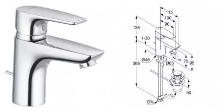 Смеситель для раковины «Kludi» Pure&Solid 343820575 с донным клапаном хром