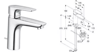 Смеситель для раковины «Kludi» Pure&Solid 342900575 с донным клапаном хром