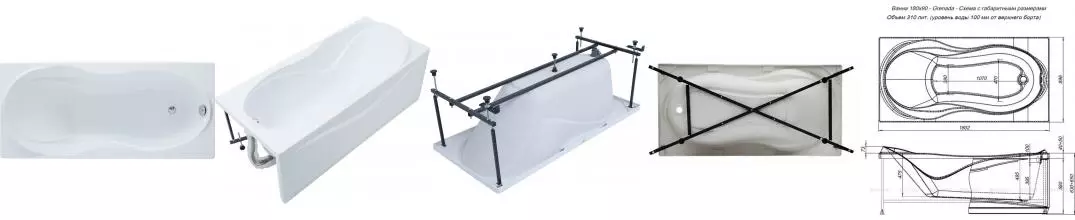 Ванна акриловая «Aquanet» Grenada 180/90 с каркасом без сифона белая