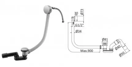 Сифон для ванны слив-перелив «Cezares» CZR-B-STW-01 перелив 90 см хром Клик-клак с изливом