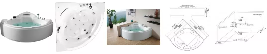 Гидромассажная ванна акриловая «Gemy» G9082 K 152/152 с каркасом с сифоном белая