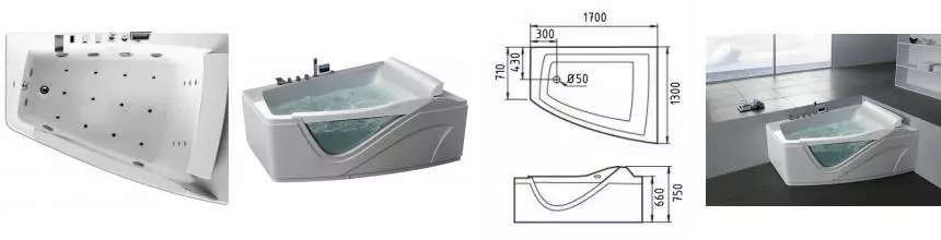 Гидромассажная ванна акриловая «Gemy» G9056 K 170/130 с каркасом с сифоном белая правая