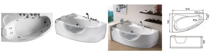 Гидромассажная ванна акриловая «Gemy» G9046 B 161/96 с каркасом с сифоном белая левая