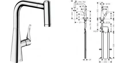 Смеситель для кухонной мойки «Hansgrohe» Metris M71 73800000 с выдвижным изливом хром