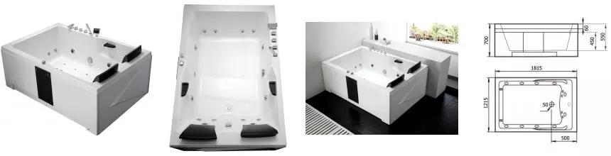 Гидромассажная ванна акриловая «Gemy» G9061 B L 181/121 с каркасом с сифоном с ручками белая/чёрная левая