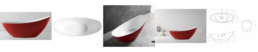 Ванна акриловая «Abber» AB9233R 184/79 с каркасом с сифоном красная/белая