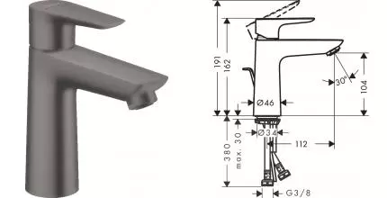 Смеситель для раковины «Hansgrohe» Talis E 71710340 с донным клапаном шлифованный чёрный хром