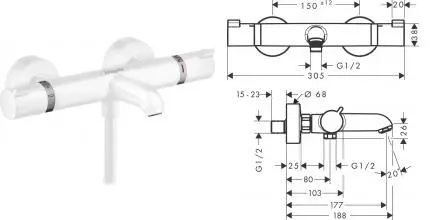Смеситель для ванны «Hansgrohe» Ecostat Comfort 13114700 с термостатом белый матовый Смеситель для ванны «Hansgrohe» Ecostat Comfort 13114700 с термостатом белый матовый