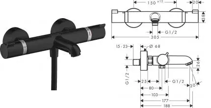Смеситель для ванны «Hansgrohe» Ecostat Comfort 13114670 с термостатом чёрный матовый Смеситель для ванны «Hansgrohe» Ecostat Comfort 13114670 с термостатом чёрный матовый