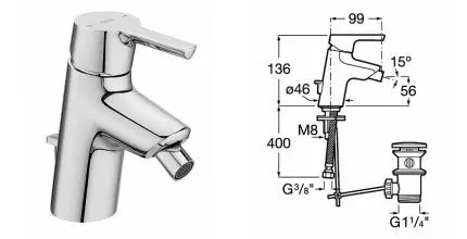 Смеситель для биде «Roca» Malva 75A603BC0M с донным клапаном хром