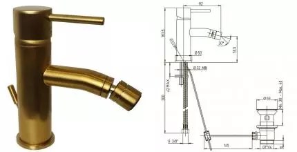 Смеситель для биде «Paini» Cox 78PJ306 с донным клапаном матовое золото