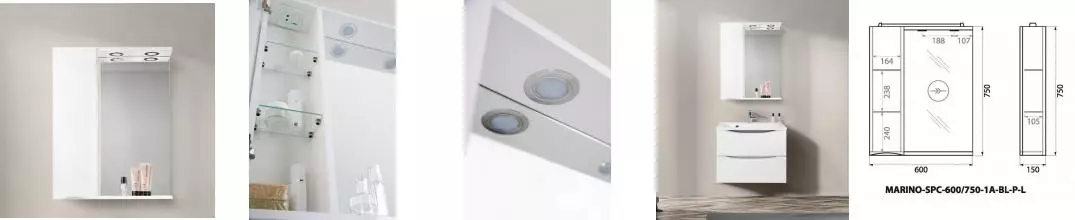 Зеркало с шкафчиком «Belbagno» Marino 60 с подсветкой Bianco Lucido левое Зеркало с шкафчиком «Belbagno» Marino 60 с подсветкой Bianco Lucido левое