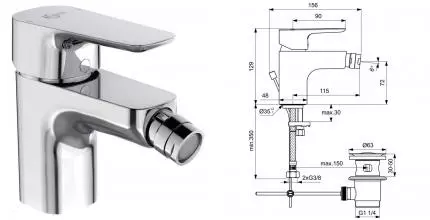 Смеситель для биде «Ideal Standard» Ceraplan III Slim BC626AA с донным клапаном хром