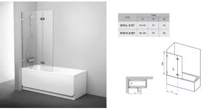 Шторка для ванны BVS2-100 L профиль хром, прозрачное стекло Transparent