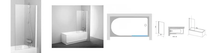 Шторка на ванну стеклянная «Ravak» PVS1 80 Transparent/белая универсальная