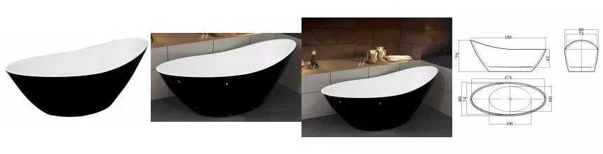 Ванна акриловая «Esbano» London 180/80 с каркасом с сифоном белая/чёрная