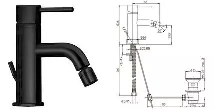 Смеситель для биде «Paini» Cox 78PZ306 с донным клапаном чёрный матовый