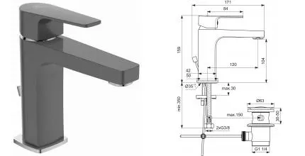 Смеситель для раковины «Ideal Standard» Cerafine D Grande BC686U8 с донным клапаном серый/хром Смеситель для раковины «Ideal Standard» Cerafine D Grande BC686U8 с донным клапаном серый/хром