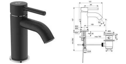 Смеситель для раковины «Ideal Standard» Ceraline BC203U4 с донным клапаном чёрный матовый/хром Смеситель для раковины «Ideal Standard» Ceraline BC203U4 с донным клапаном чёрный матовый/хром