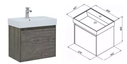 Тумба с раковиной «Aquanet» Nova Lite 60 с 2 ящиками(один скрытый) (Латина 60) подвесная дуб рошелье