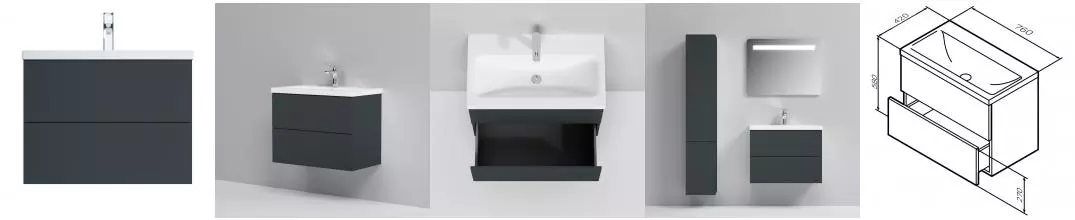 Тумба с раковиной «Am.Pm» Gem 75 M90FHX07522GM (Gem 75) подвесная графит матовый