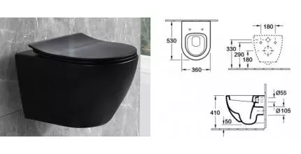 Подвесной унитаз безободковый «Esbano» Amapola ESUPAMAPBM чёрный матовый с сиденьем дюропласт с микролифтом чёрное