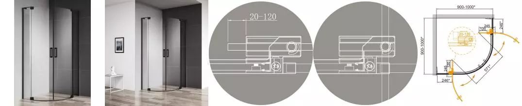 Душевой угол-ограждение «Cezares» SLIDER-R-2-90/100-C-NERO 100/100 прозрачный/чёрный четверть круга без поддона