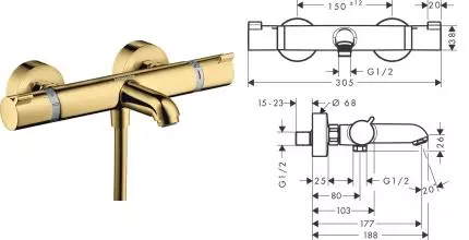 Смеситель для ванны «Hansgrohe» Ecostat Comfort 13114990 с термостатом полированное золото