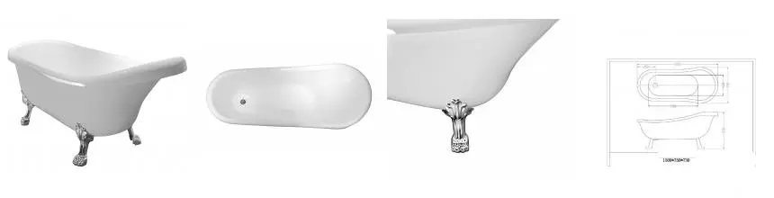 Ванна акриловая «Cerutti» Vico C-2014 150/75 с ножками с сифоном белая/хром