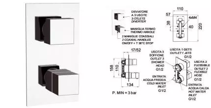 Смеситель для душа «Remer» Qubika Thermo QT93 с термостатом хром