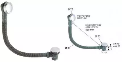 Сифон для ванны слив-перелив «Remer» 96PCC хром Клик-клак