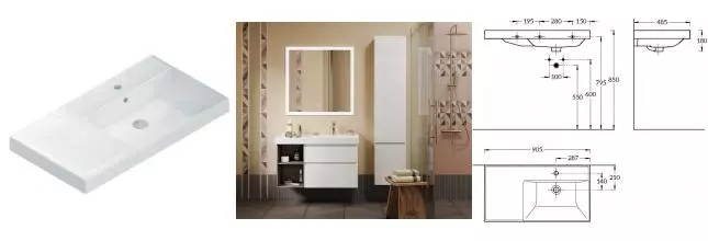 Раковина «Kerama Marazzi» Cubo 90/48 CU.wb.90rh фарфоровая белая правая Раковина «Kerama Marazzi» Cubo 90/48 CU.wb.90rh фарфоровая белая правая
