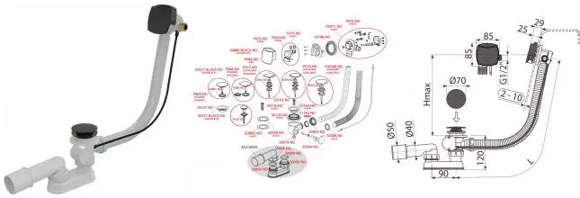 Сифон для ванны слив-перелив «AlcaPlast» A564-80 перелив 80 см чёрный матовый полуавтомат с изливом