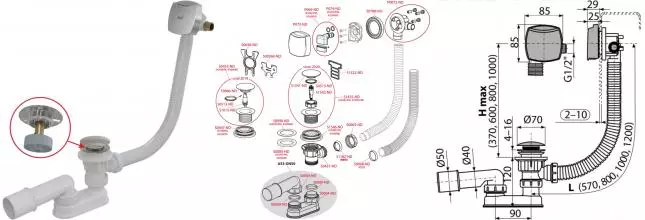 Сифон для ванны слив-перелив «AlcaPlast» A508CKM перелив 57 см хром Клик-клак с изливом