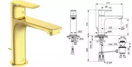 Смеситель для раковины «Ideal Standard» Connect Air Grande A7012A2 с донным клапаном brushed gold